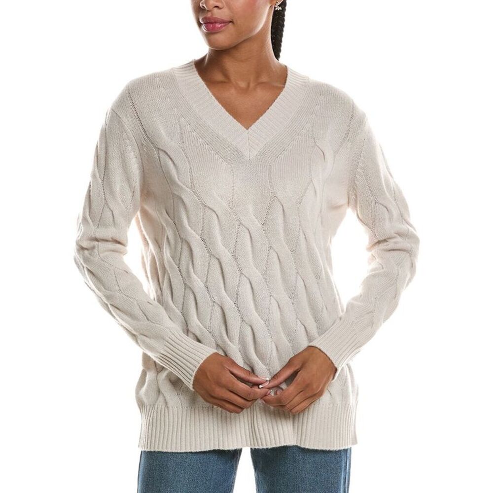 Forte Cashmere Womens  Long Cable V-Neck 100% Cashmere Sweater, Brown